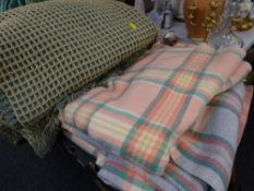 A green ground honeycomb blanket & four further checkered blankets Condition Report: please request*