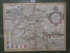 A framed coloured antiquarian JOHN SPEED map of 'Penbrokshyre' Condition Report: please request* *