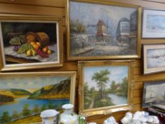 A parcel of framed pictures including modern Continental street scene oil painting, still life ETC