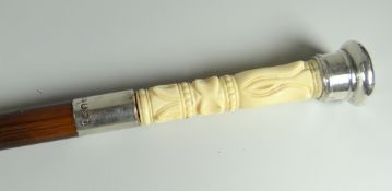 A good bamboo antique walking cane with silver & ivory handle Condition Report: please request* *