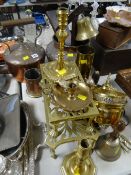 A metalware parcel including copper kettle, parcel of trench art, pair of brass candlestick holders,