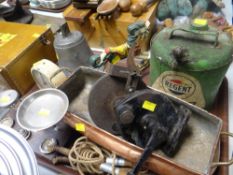 A parcel of metalware including bell, Regent Super Green paraffin oil can, scales ETC Condition