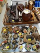 Parcel of vintage items including wooden pipes, cigar pouch, wooden trays & candlesticks, sundry