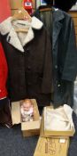 A vintage green leather coat, a sheepskin coat, two boxed Seccombes of Cardiff fur stoles & a