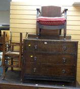 Parcel of furniture to include a vintage three-drawer chest of drawers, two low back rush seated