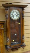 Mahogany two train Vienna-type wall clock, possibly Gustav Becker with GB anchor motif within