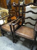 A pair of high back vintage elbow chairs with drop in seats, a pine farmhouse chair & another