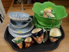 Four Royal Doulton character jugs, two further character jugs, parcel of green leaf pottery ETC