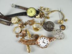 A parcel of mixed jewellery with some gold content including 9ct vintage watch, 18ct signet ring,