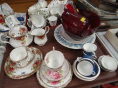 A parcel of mixed teaware including Royal Albert 'Old Country Roses', ruby glassware ETC Condition