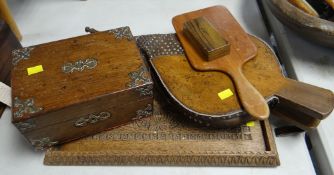 A good pair of antique oak & leather bellows, a carved tray, brass mounted sewing box ETC