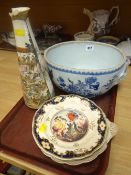 A nineteenth century Oriental patterned mask handled basin, a Satsuma tapered vase (damaged) ETC