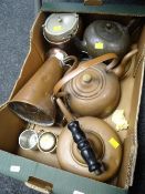 Box of various metalware including copper kettles, copper jug ETC Condition Report: please