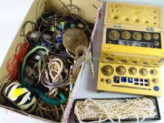 A box of mixed costume jewellery & two wooden cased sets of weights Condition Report: please