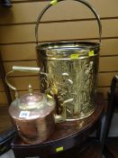 A brass & copper kettle, a brass-effect coal-box, woolwork fire screen & a mid-century Vernon Ward