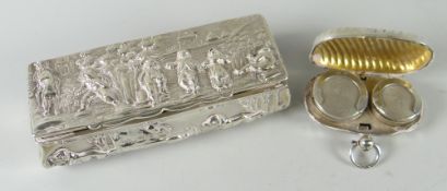 A small repousse work silver box with hinged lid depicting villages & hunting scene, Birmingham 1898