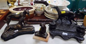 An antique cast metal greyhound mounted desk stand with two inkwells, inscribed 'Menev' together