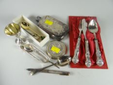 A parcel of silver & other items including boxed Roman spoon replica, sugar tongs, safety pen