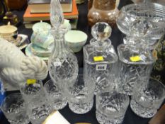 A set of seven heavy quality cut glass & etched whiskey tumblers, a pair of heavy quality cut