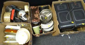 Four boxes of various kitchen ware together with a Sanyo hi-fi system & speakers Condition Report:
