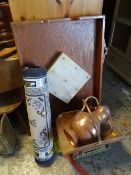 A vintage table skittles game, copper log basket, bowl & small rug Condition Report: please request*