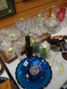 Quantity of mixed glassware including drinking glasses, coloured glass ornaments, cranberry glass