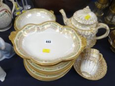 Quantity of Limoges dessert ware & Staffordshire gilt decorated strap handle teapot & matching