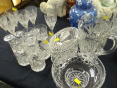 A cut glass fruit bowl, cut glass covered bowl, similar jug, quantity of six good quality cut