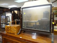 A wooden concertina sewing box & contents, a swing toilet mirror, two vintage piano stools, a