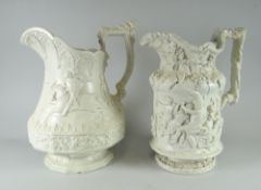 A British Parian-ware wine jug, relief decorated with frolicking robed figures together with another