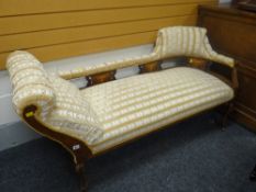 An antique inlaid mahogany chaise longue with striped & floral upholstery (for restoration)