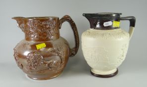 A nineteenth century stoneware tavern jug relief decorated with ensign, mask head spout, unmarked