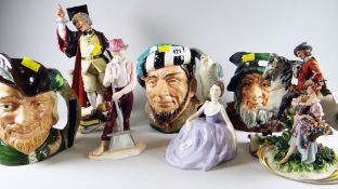 Three large Royal Doulton character jugs, an Italian Parian figure of a teacher, similar of a