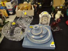 A Portmeirion pottery clock, parcel of Wedgwood Jasperware, three cut glass items ETC Condition