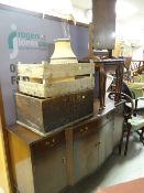 A nest of three coffee tables, a folding table, sideboard & two crates ETC Condition Report: