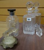 A glass rearing-horse car-mascot, an etched glass Deco-style decanter & a pair of square based
