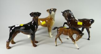 A Cooper Craft pottery doberman & boxer together with two Beswick horses Condition Report: please