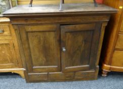 Oak blind panelled cupboard top with three drawers, probably originally from a cupboard on chest