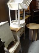 A small pine top two drawer table, a loom basket & chair, two items of modern white painted