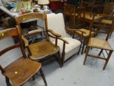 An elm farmhouse chair, a vintage school house-type chair, a cushion chair & two further chairs