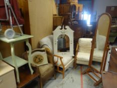 Pair of conservatory chairs, a loom chair, modern rose decorated mirror, cheval mirror ETC Condition