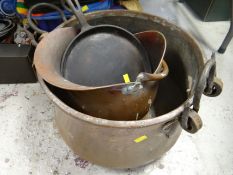 A large copper two-handled cooking pot, a copper coal bucket ETC Condition Report: please