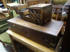 A painted concertina sewing box & contents together with a hinging wooden box with brass handles