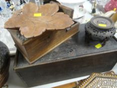 A simple wooden box, a brass mounted box, a leaf form dish ETC Condition Report: please request* *