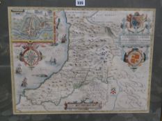 A framed coloured JOHN SPEED map of 'Cardigan Shyre', Bassett & Chiswell Edition Condition Report: