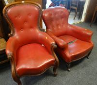 Two similarly covered antique armchairs Condition Report: please request* *Condition is not stated