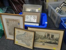 A framed SAMUEL & NATHANIEL BUCK print of Llanblythian Castle & sundry antique maps ETC Condition