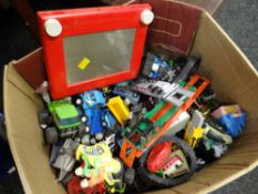 Box of vintage children's toys including Etch-A-Sketch, model cars & soldiers ETC Condition