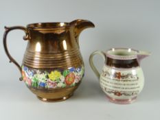 A Sunderland-type lustre jug with motto & a ribbed copper lustre jug Condition Report: please