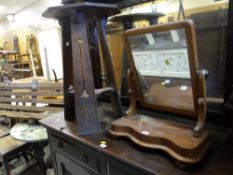 An antique toilet mirror, an occasional table, old violin in a case & two vintage wooden crates